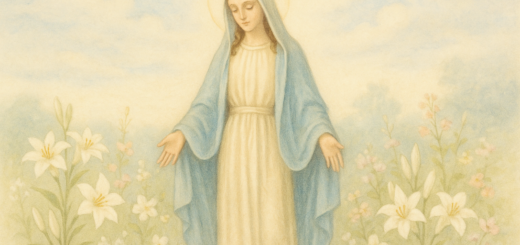 Matka Boża stojąca wśród białych lilii i wiosennych kwiatów na tle jasnego nieba, ilustracja pastelowa bez napisów.